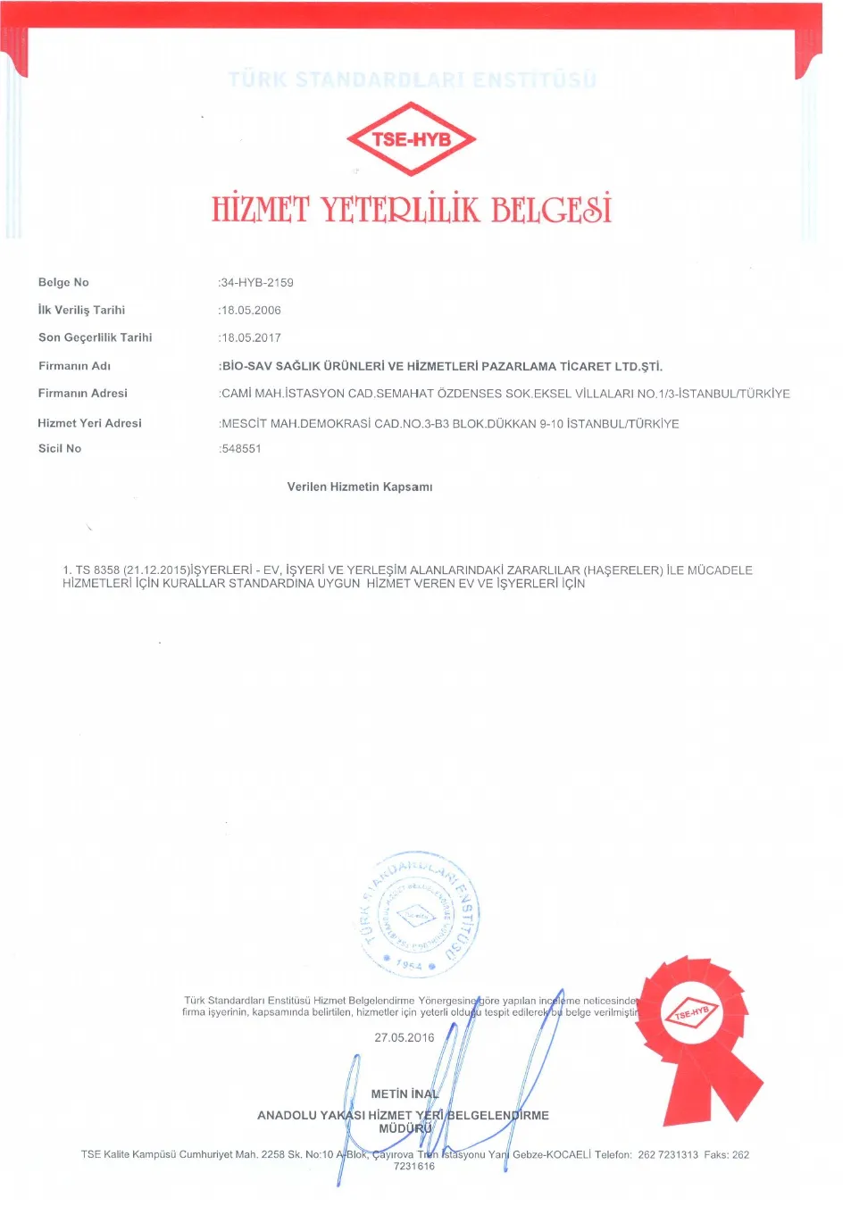 Biosav TSE Hizmet Yeterlilik Belgesi