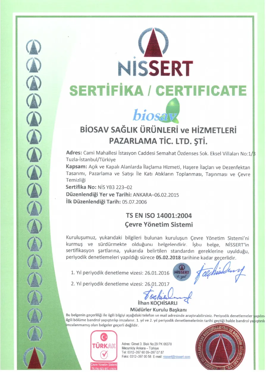 Biosav TS EN ISO 14001 Çevre Yönetim Sistemi sertifikası