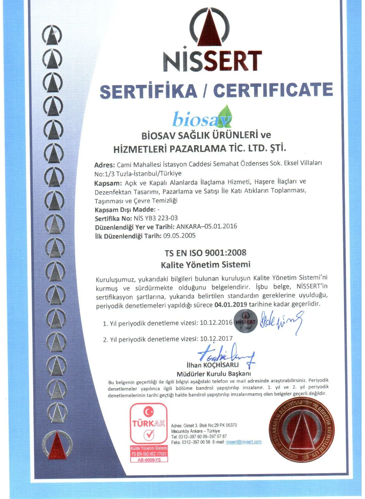 Biosav TS EN ISO 9001 Kalite Yönetim Sistemi sertifikası